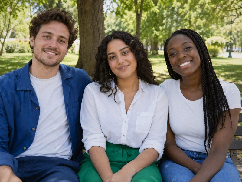 Generated photograph of three friends on a park bench — 100% strength