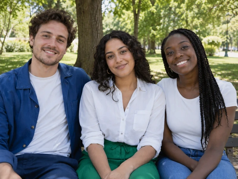 Generated photograph of three friends on a park bench — 45% strength