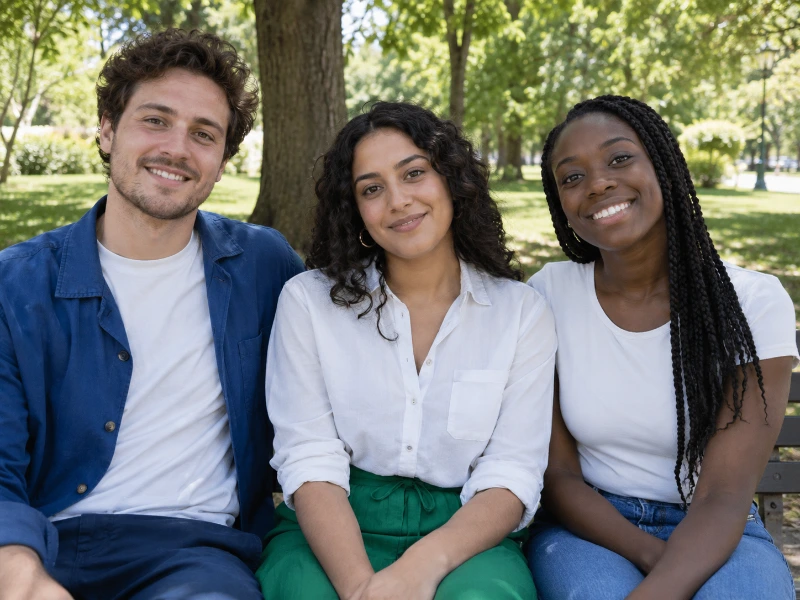 Generated photograph of three friends on a park bench — ungraded source