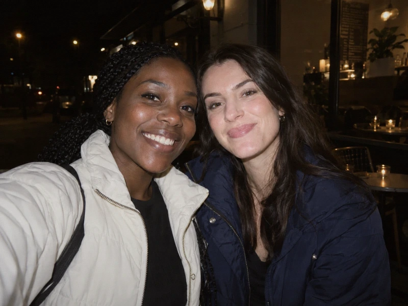 Generated direct-flash photograph of two friends outside a cafe at night — 100% strength