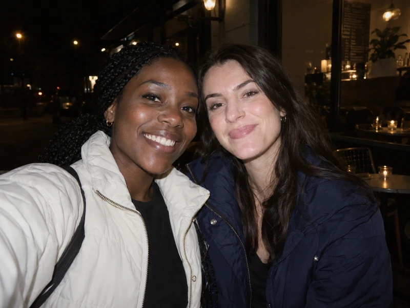 Generated direct-flash photograph of two friends outside a cafe at night — 45% strength